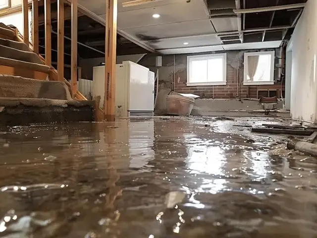 Flooded finished basement with water at the foot of the stairs in Woodstock, GA